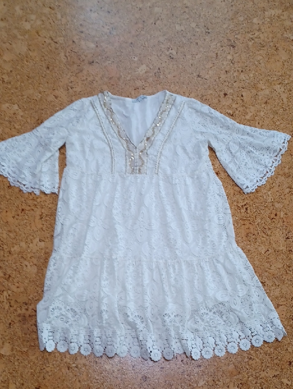 Tempo Paris White V Neck Floral Lace Baby Doll Dress Size L Made In Italy